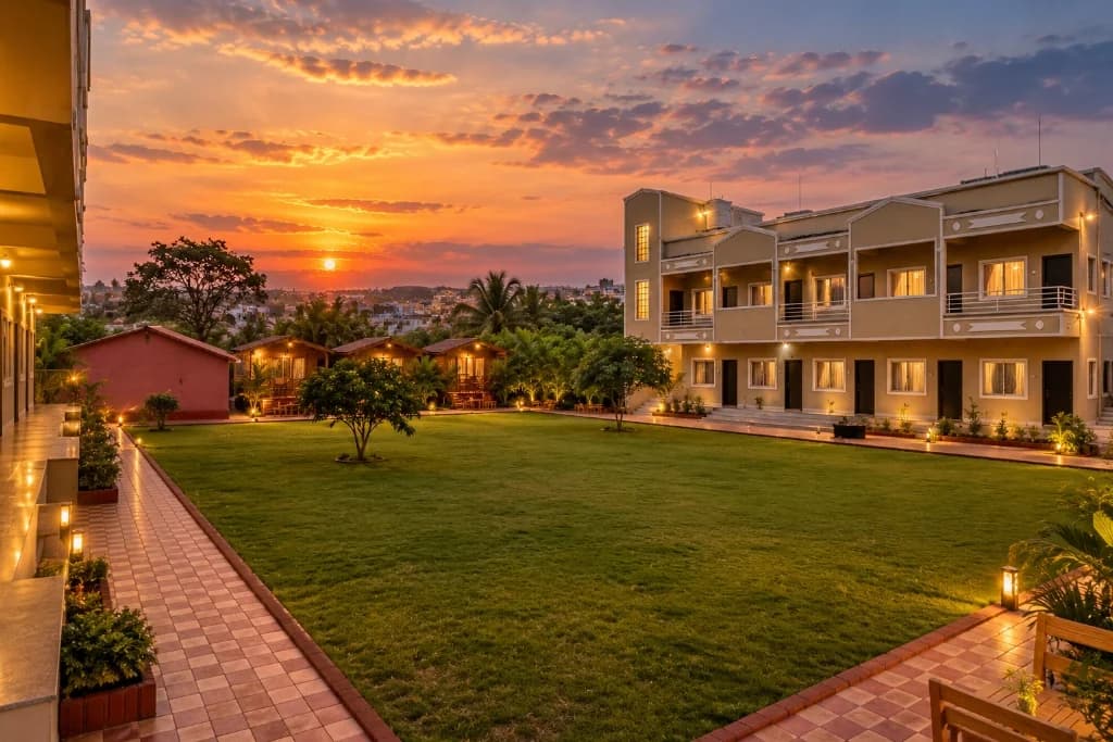 Vanrai Resort - Sunset View over Lush Central Lawn & Cottages